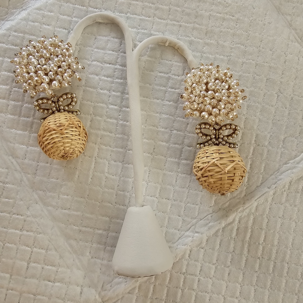 PomPom Clip on Earrings with Pearl Cluster detail.